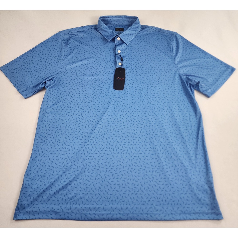 Greg Norman Mens XL Blue Shark Print Play Dry Polo Shirt G7S24XMK573 NEW